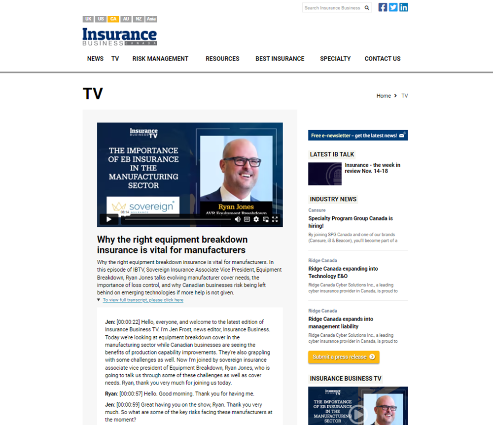 Une capture d'écran de l'article en anglais "Why the right equipment breakdown insurance is vital for manufacturers"